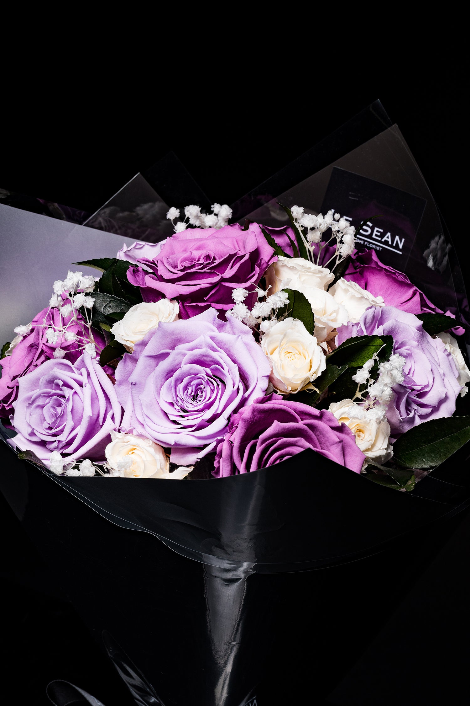 Preserved Bouquet - Lilac And Lavender Purple Roses With White Spray Roses